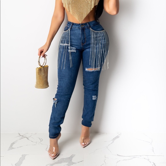 High Waist Crystal Fringe Detail Jeans Blue - Picture 2 of 3